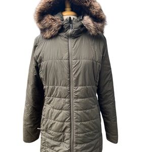 The North Face Long Sleeeve Green Fur Trim Full-Zip Hooded Puffer Jacket Size L